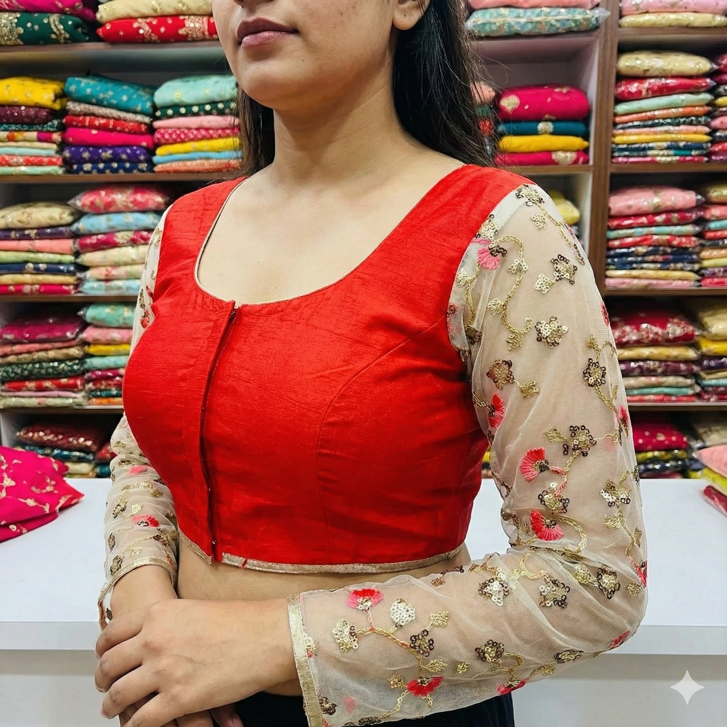 Red Fancy Netted detailing Blouse | S3B1261