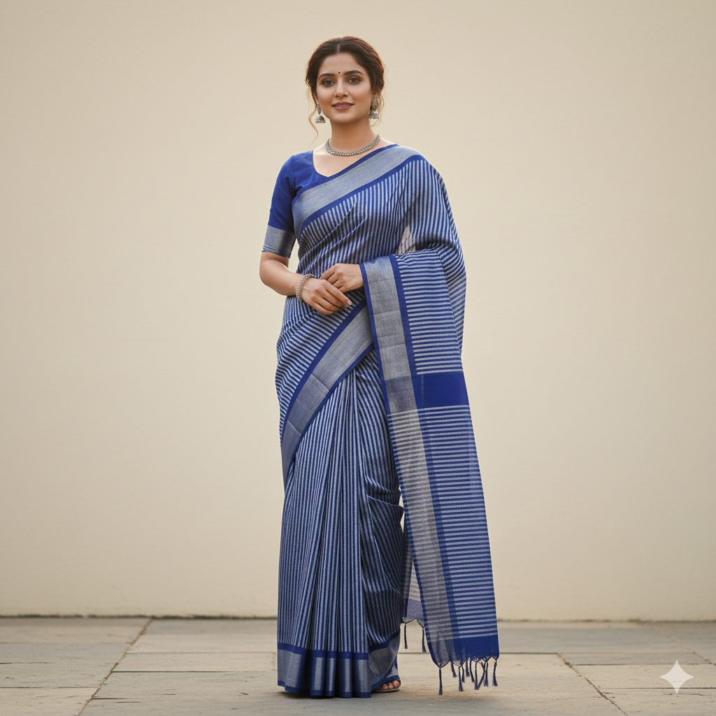 Mul Mul Cotton Navy Blue And Grey Color Saree