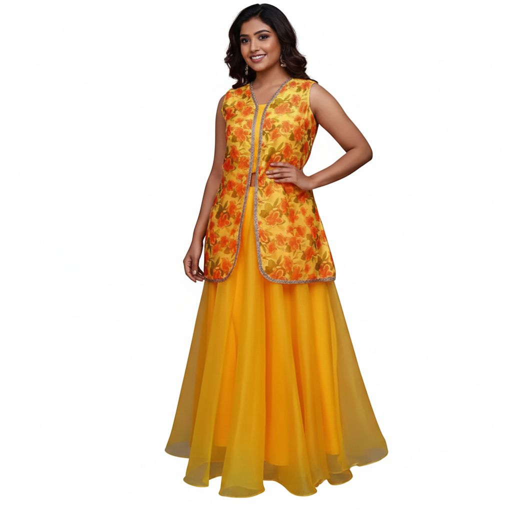 Yellow Floral Print Kurta with Skirt | S3TS1256