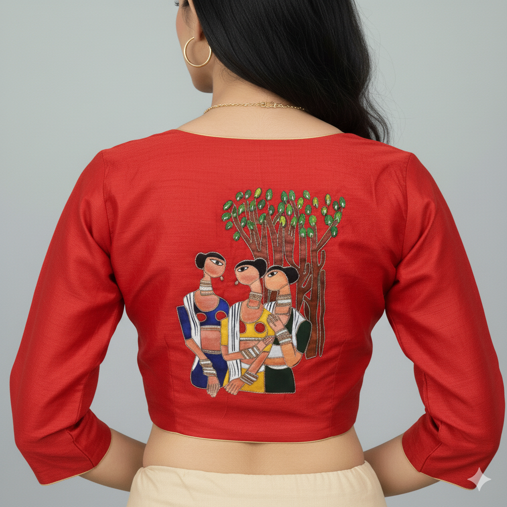 Women's Heritage  Painting & Red Maggam Work High Neck Blouse | S3B1178