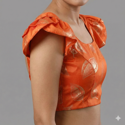 Floral Printed Orange Silk with Petal Sleeves Blouse | ORANGE
