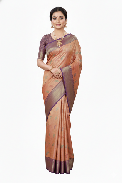 Mustard and Violet Pattu Saree | Purple Border