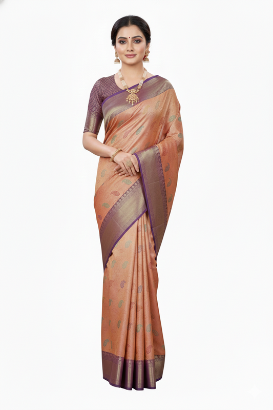 Mustard and Violet Pattu Saree | Purple Border