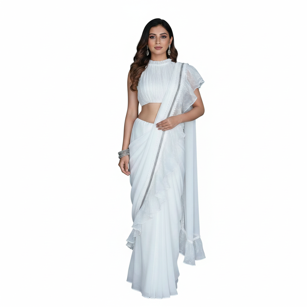White saree with wrinkle design blouse and close neck, sleeveless blouse