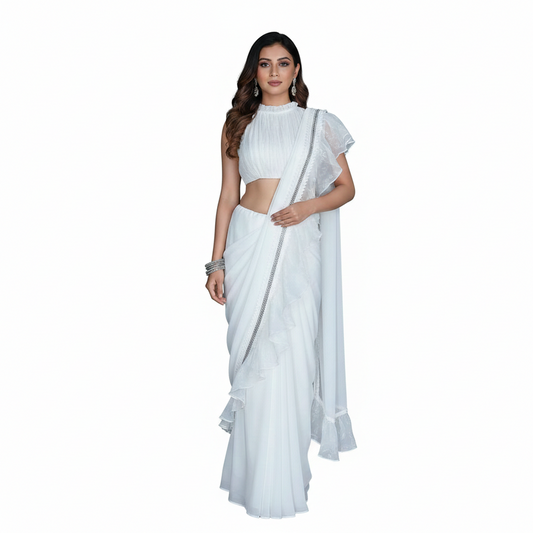 White saree with wrinkle design blouse and close neck, sleeveless blouse
