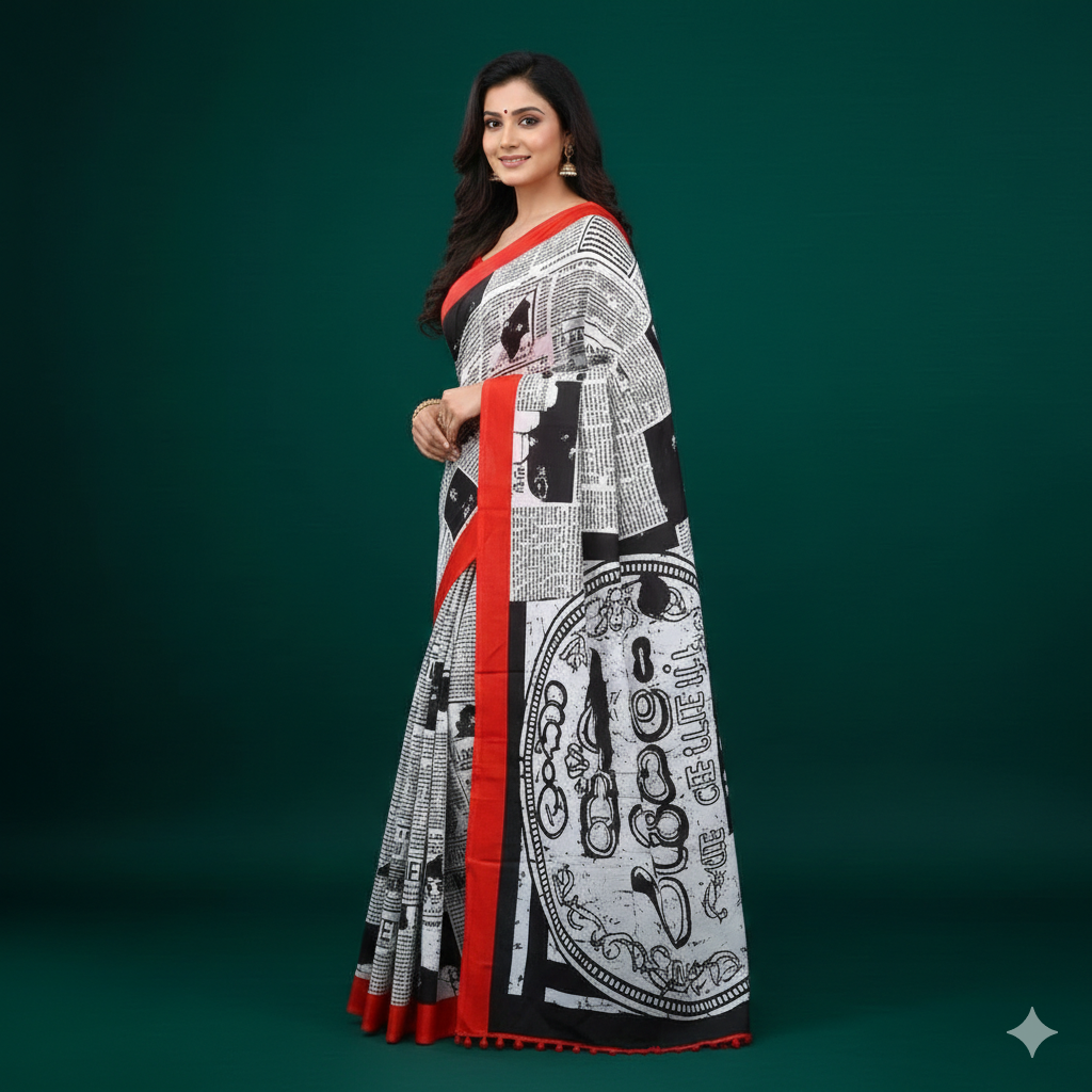 Mulmul Cotton Black Printed Saree | Mulmul Cotton