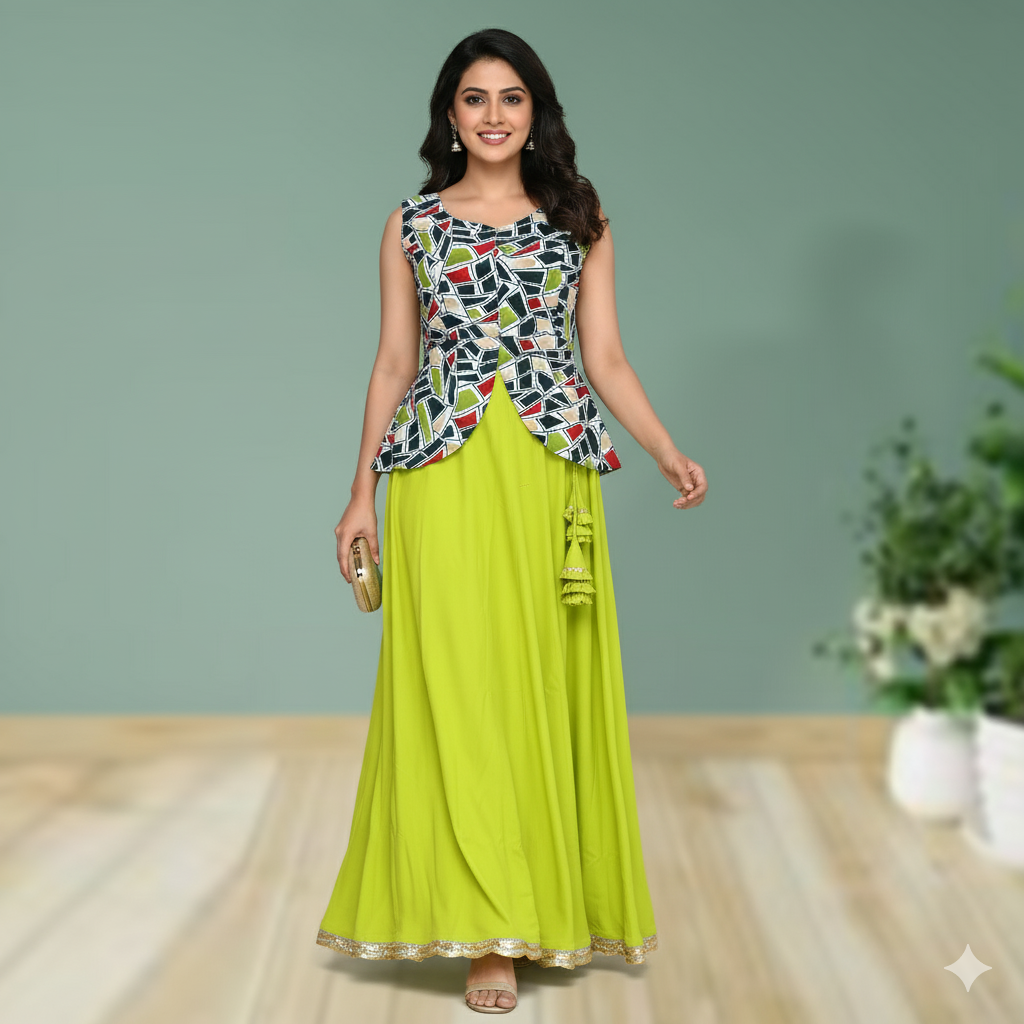 Lime green small family party wear, occasional dress.