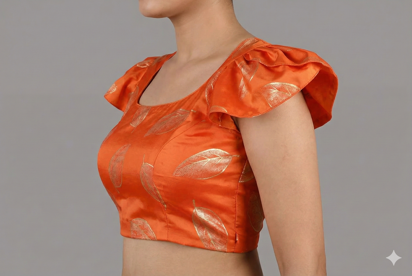 Floral Printed Orange Silk with Petal Sleeves Blouse | ORANGE