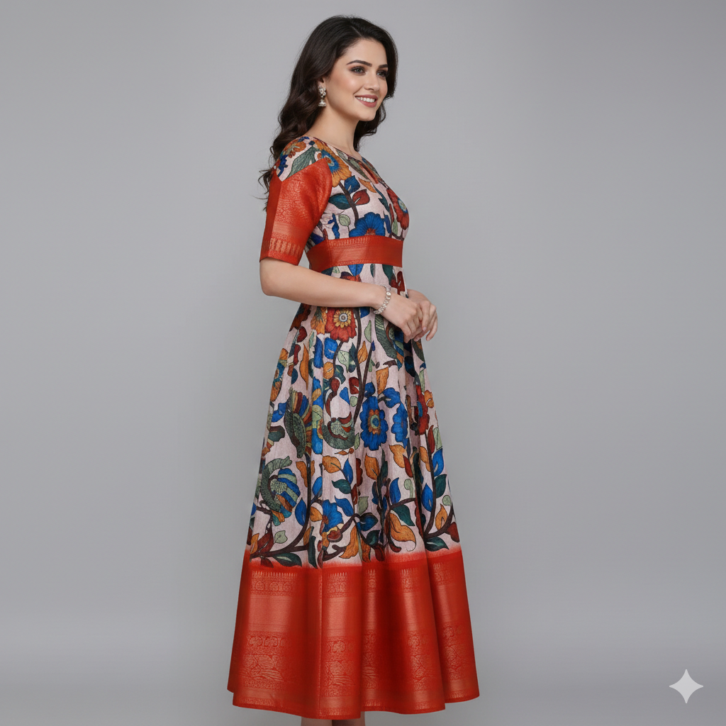 White & Orange Printed Soft Cotton Weaving Frock | Cotton Weaving Frock