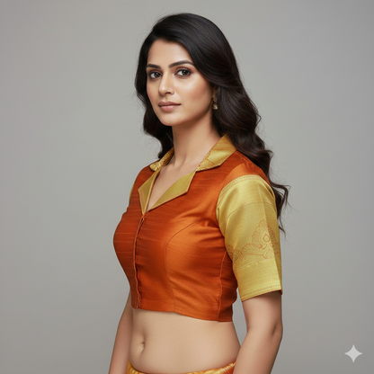 Pattu Orange & Gold  Blazer neck 3/4 Sleeves Blouse | S3B1181