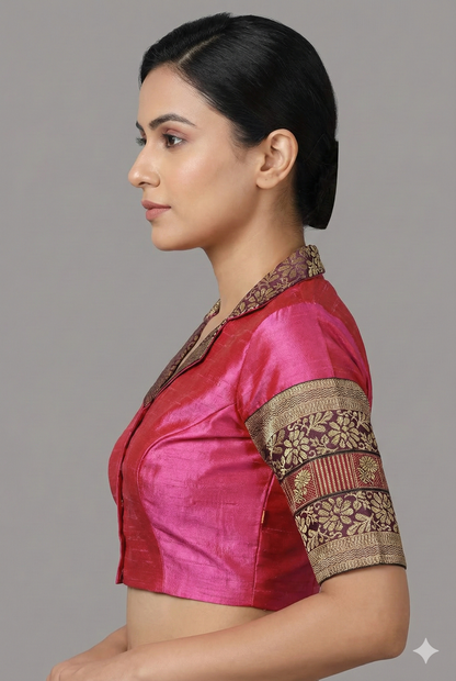 Women's Pink Collared V Neck pattu Blouse | Pink