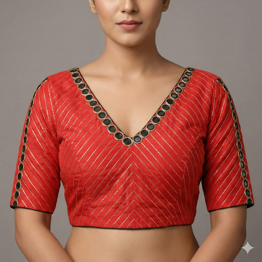 Red V Neck Zari Lines Design Blouse | S3B1221
