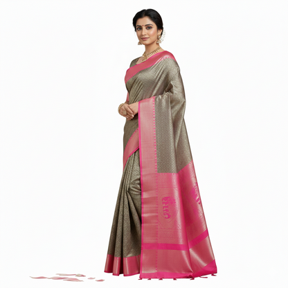 Grey and Pink Border Gadwal Silk Saree – Handwoven Beauty