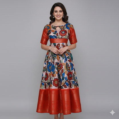 White & Orange Printed Soft Cotton Weaving Frock | Cotton Weaving Frock