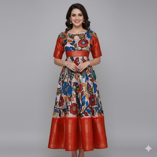 White & Orange Printed Soft Cotton Weaving Frock | Cotton Weaving Frock