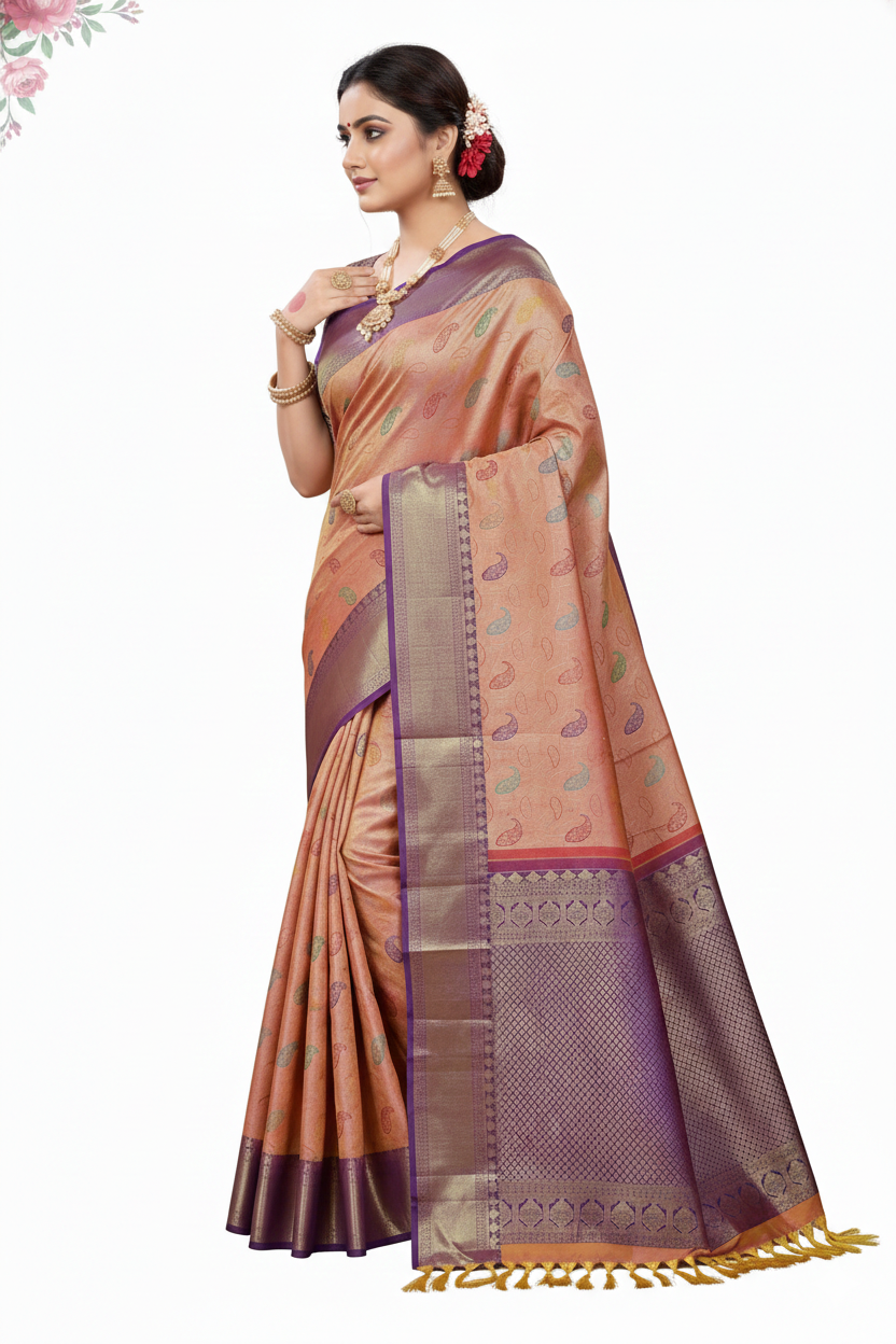 Mustard and Violet Pattu Saree | Purple Border