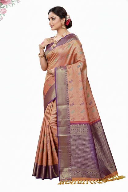 Mustard and Violet Pattu Saree | Purple Border