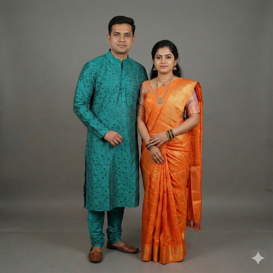 Men's Kurta Pyjama ,Women Saree Combo