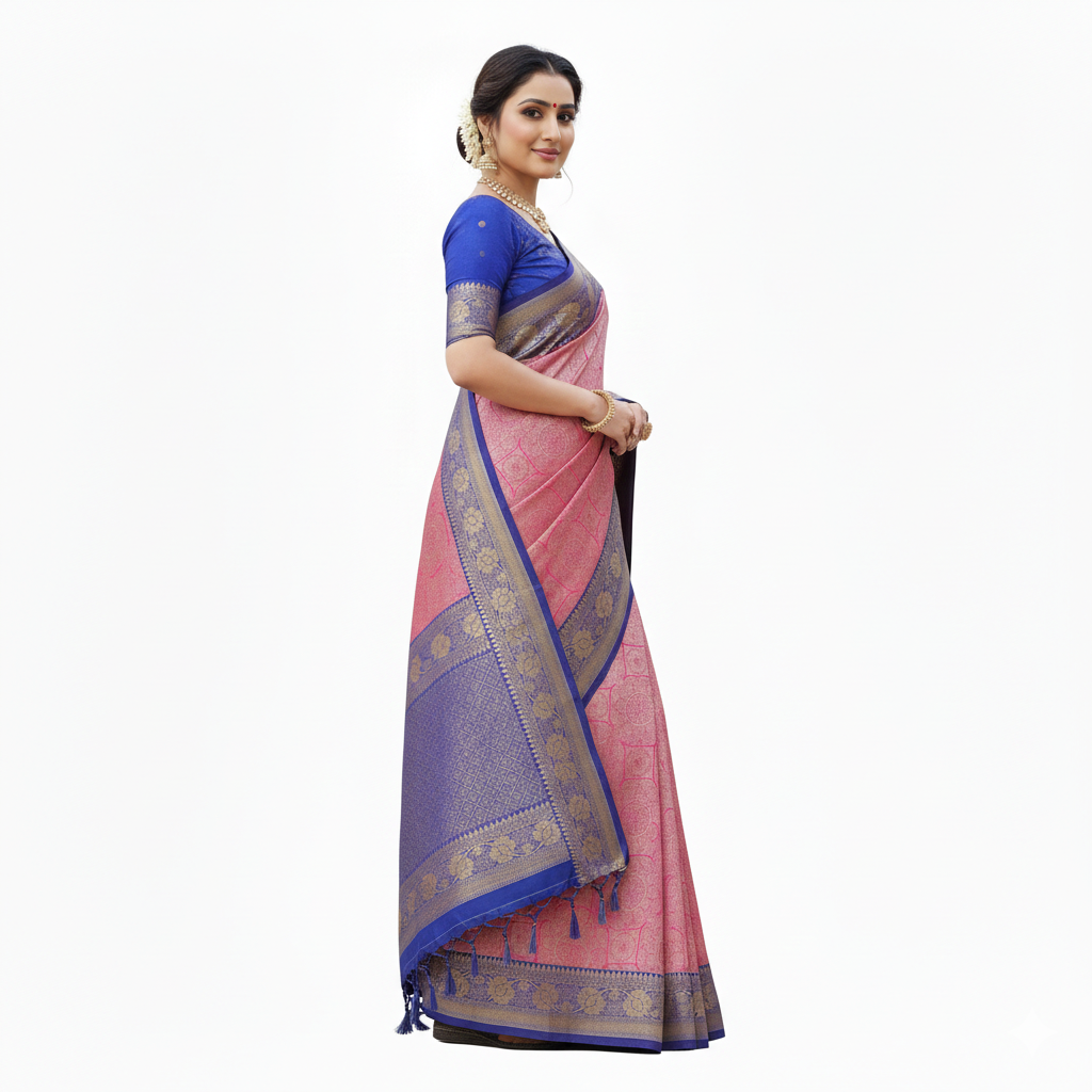 Pink and Blue Border Pure Silk  Saree | Pure Silk Pattu