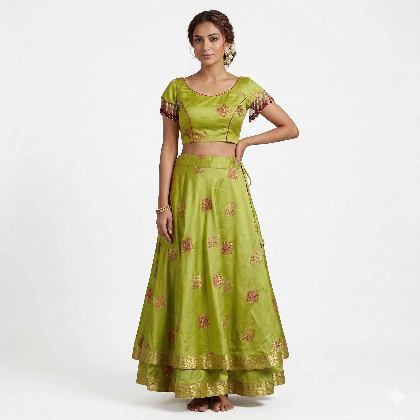 Princess Cut Blouse with Embellished Textiles Adorning Sleeves and Double-Layered Long Skirt | Long Skirt