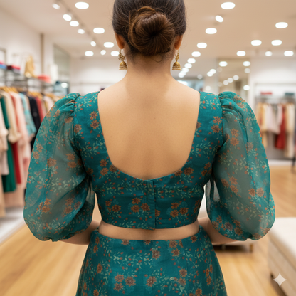 Bottle Green Organza Floral Print Puffy Sleeves Blouse | S3B1209A