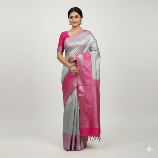 Elegant Silver and Pink Zari Pattu Saree – Shop Now