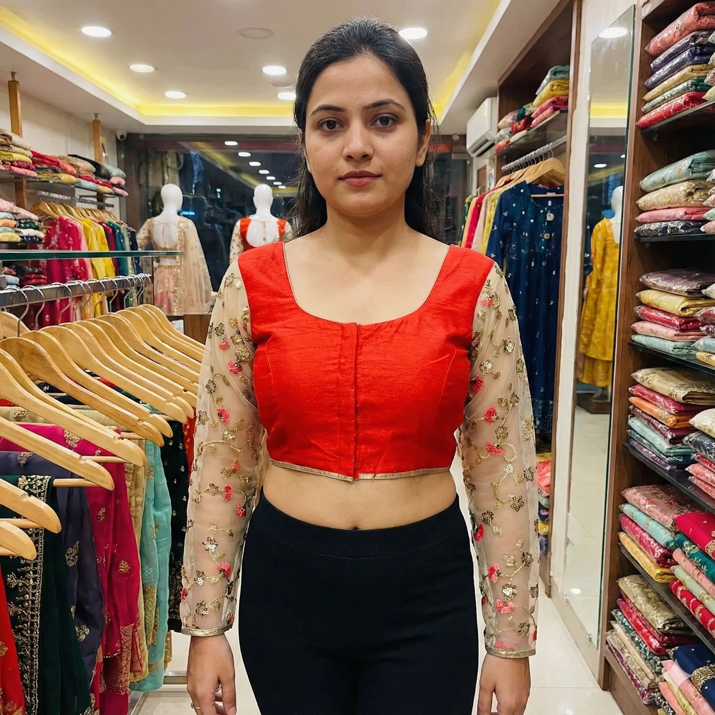 Red Fancy Netted detailing Blouse | S3B1261