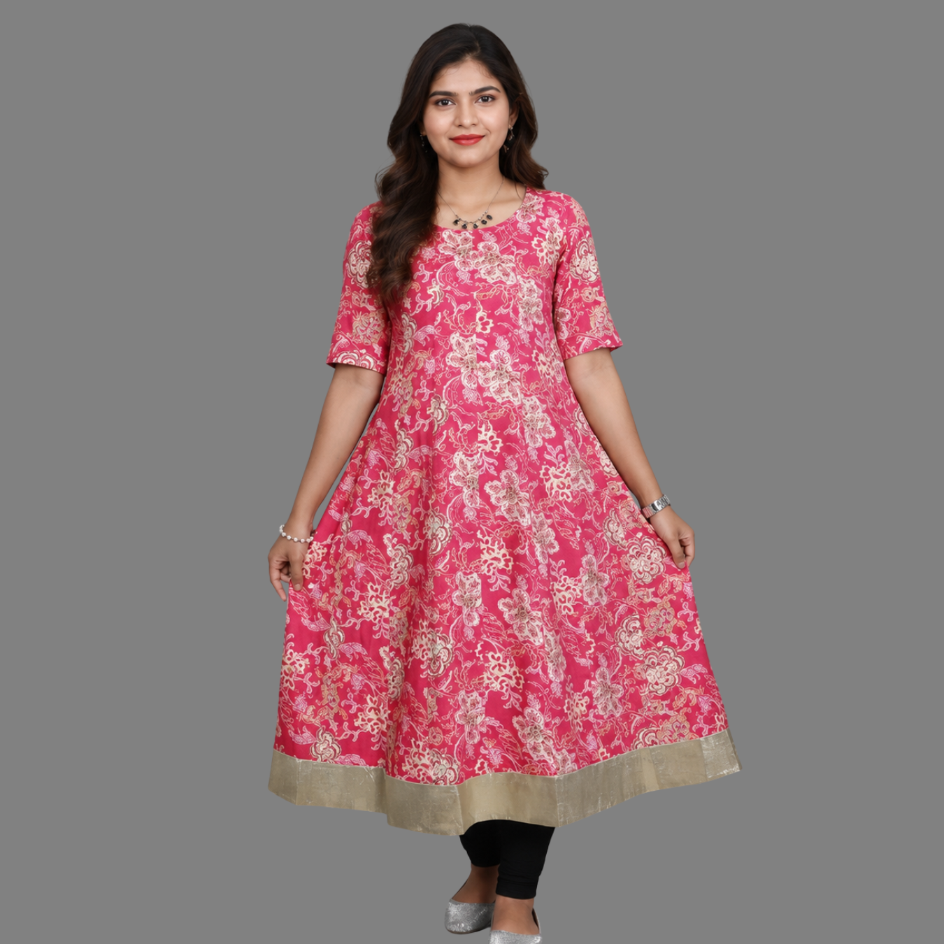 Pink Printed A-Line Kurti