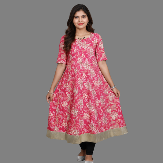 Pink Printed A-Line Kurti