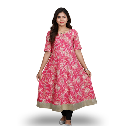 Pink Printed A-Line Kurti