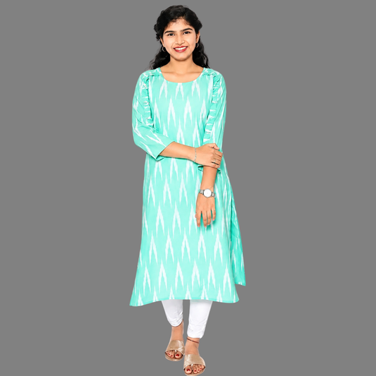 Women Ikkat Pure Cotton Straight Kurta( AquaBlue) | S3K596