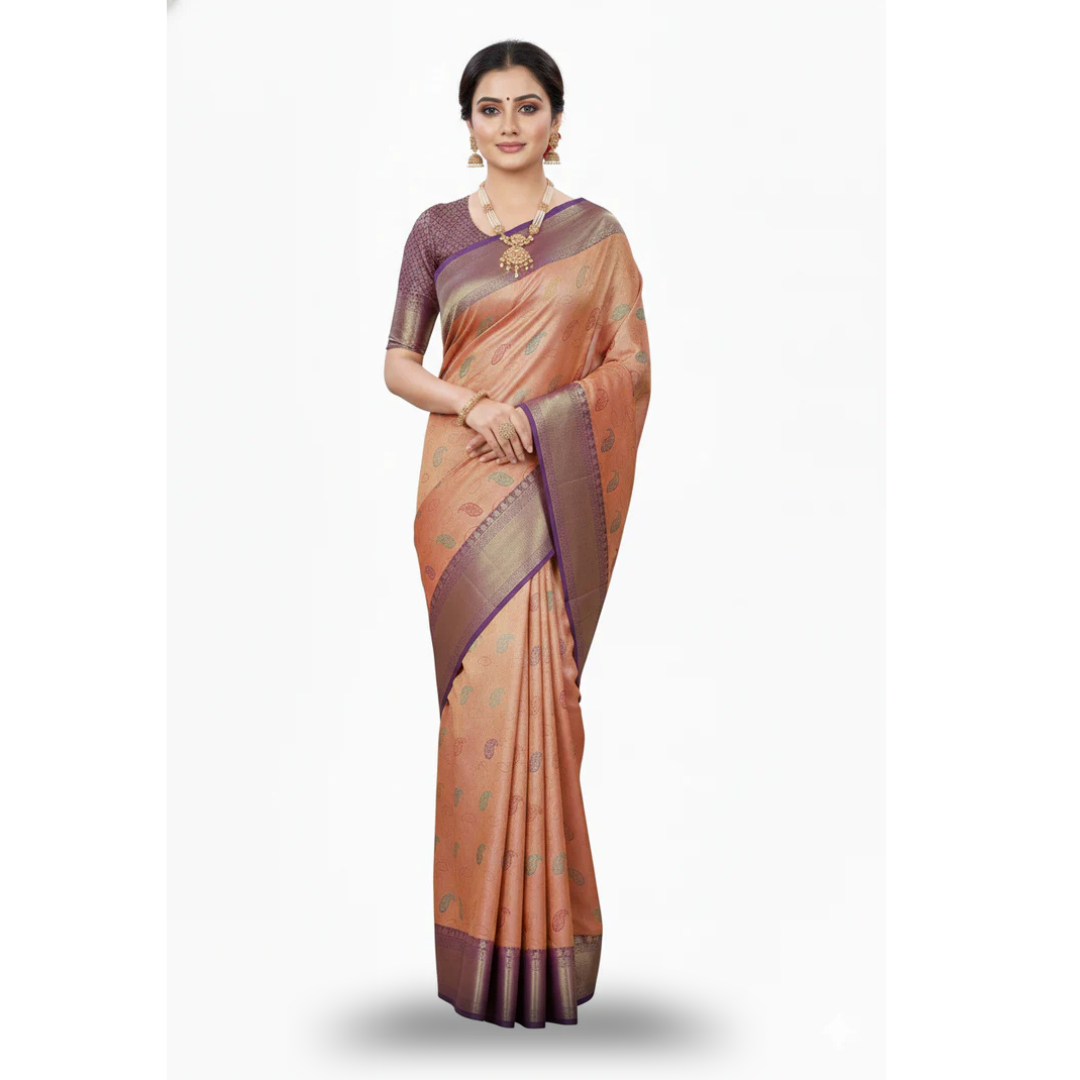 Mustard and Violet Pattu Saree | Purple Border