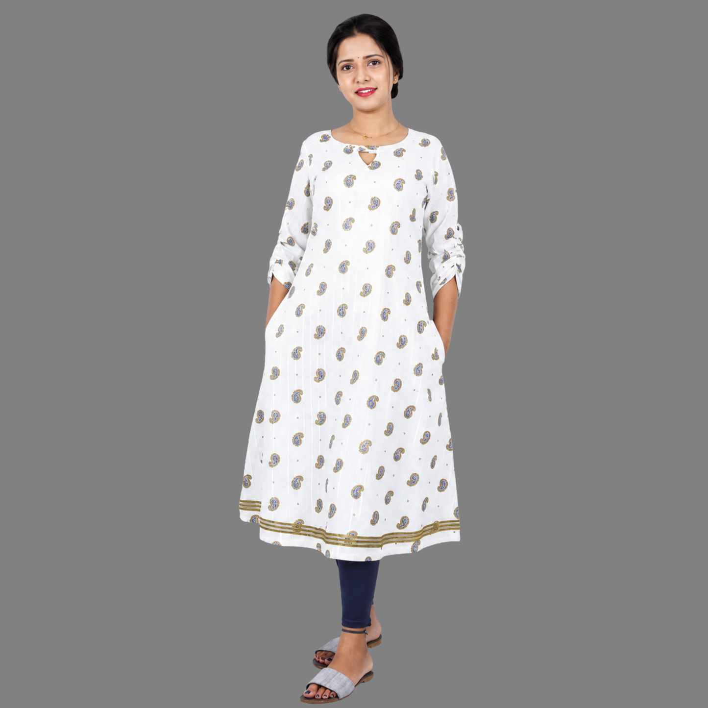 Women Printed A-line Kurta (white) | S3X224