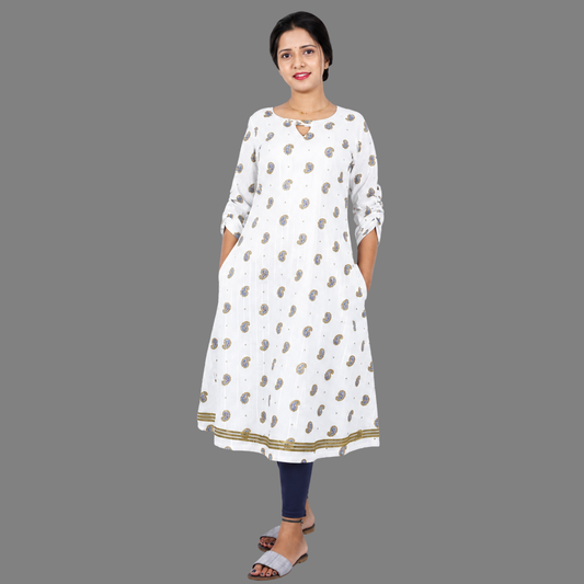 Women Printed A-line Kurta (white) | S3X224