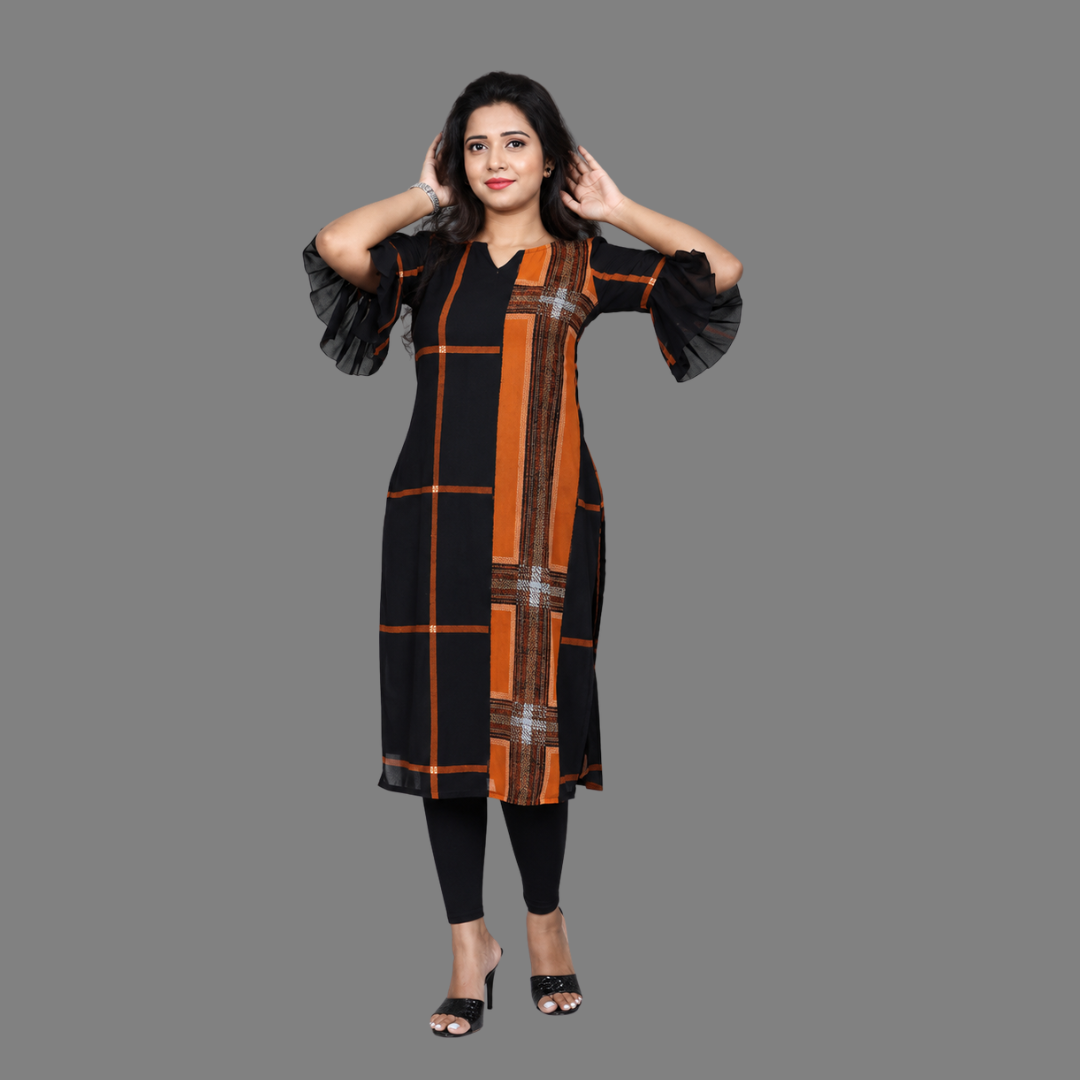 Orange and Black Printed Regular Kurti – Comfortable Daily Wear for Women | S3K899