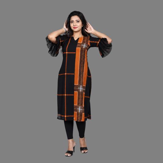 Orange and Black Printed Regular Kurti – Comfortable Daily Wear for Women | S3K899