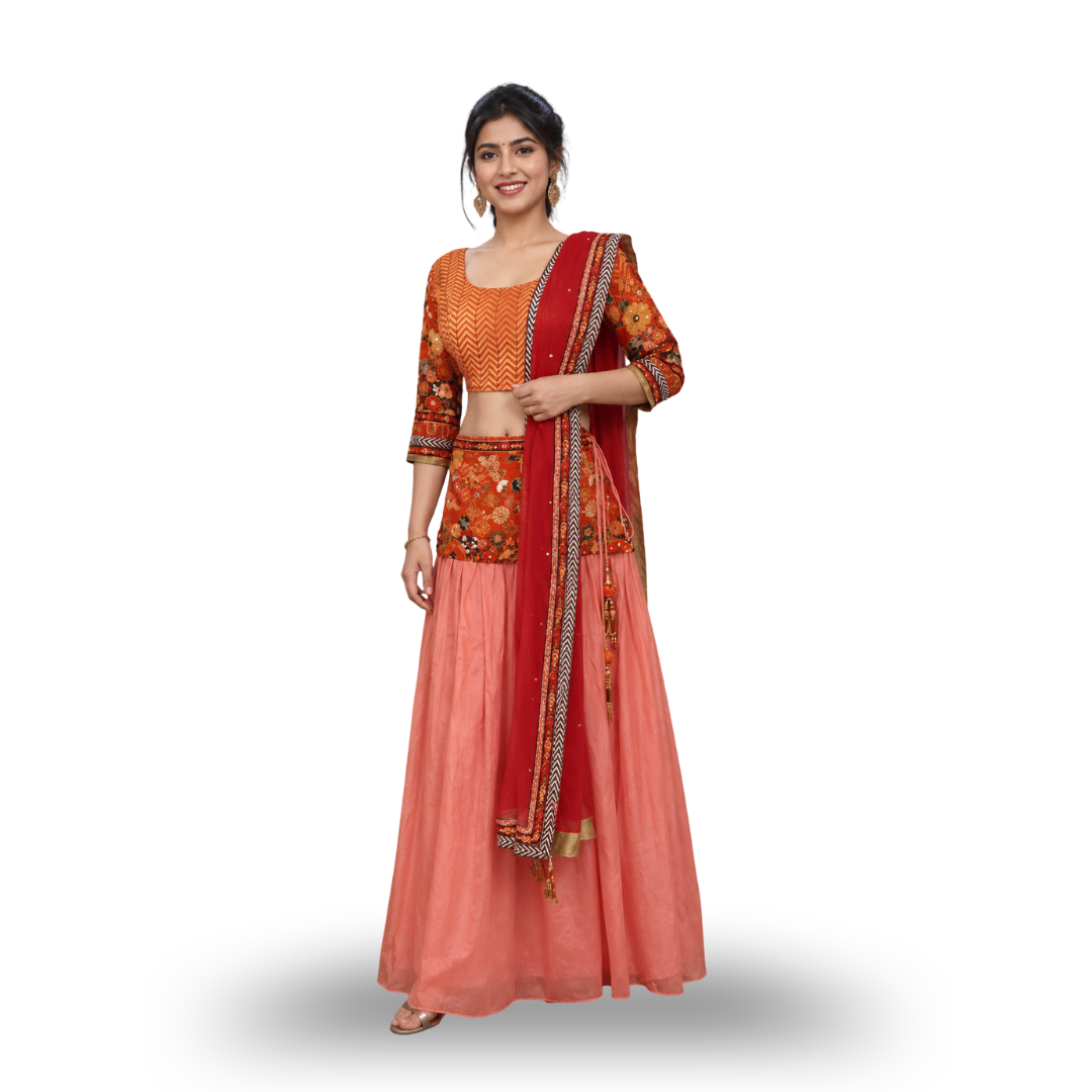 Floral Waves designed 3/4 sleeves blouse & Floral patch gathered Ethnic Lehanga - 3 Piece Set | S3BL1267