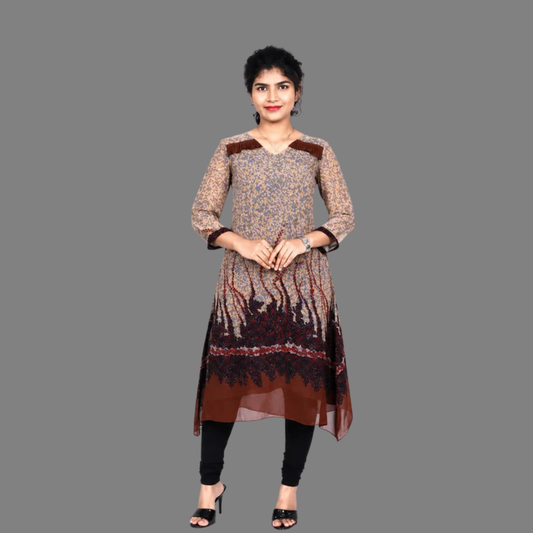 Grey and Maroon Abstract Print A-line Kurti | S3G880