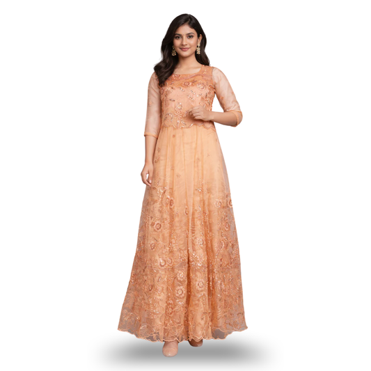 Radiant Elegance: Exquisite Round Neck Gown with Pleated Sequence Embroidery Embellishments | Pleated Sequence