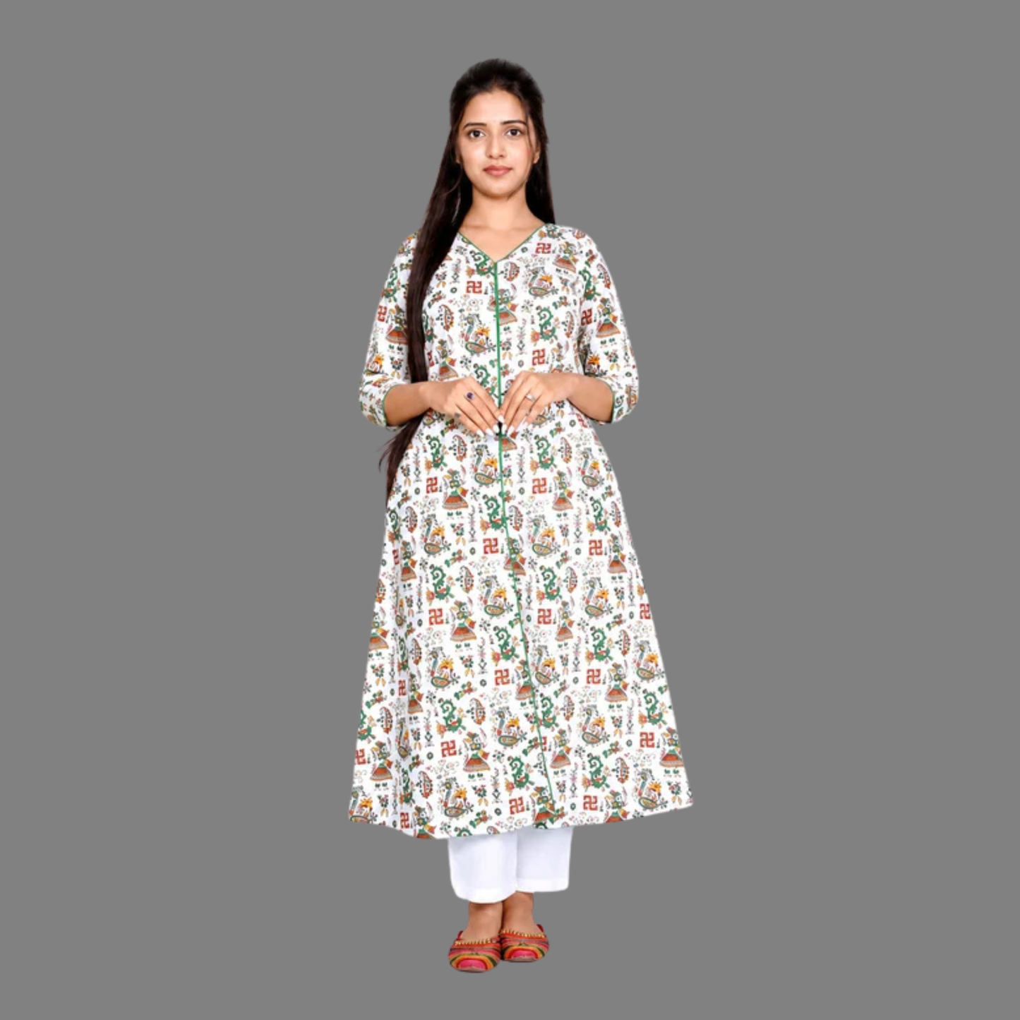 Printed Cotton White Front Slit Kurta | S3K776