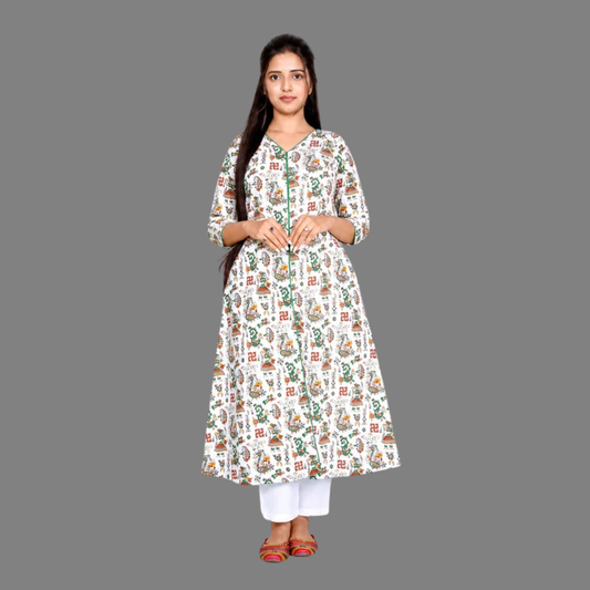 Printed Cotton White Front Slit Kurta | S3K776