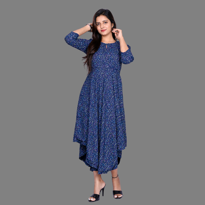 Blue Printed Viscose Rayon Front Keyhole High Low Kurta | S3G869