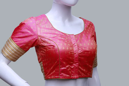 Pink Printed Back Keyhole Neck Pattu Blouse | Pink back Keyhole