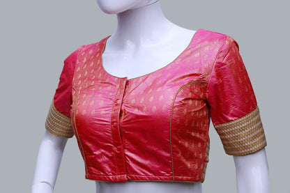 Pink Printed Back Keyhole Neck Pattu Blouse | Pink back Keyhole