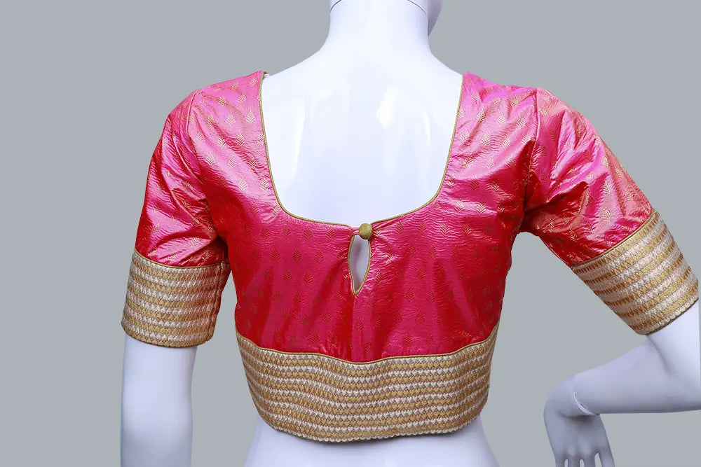 Pink Printed Back Keyhole Neck Pattu Blouse | Pink back Keyhole