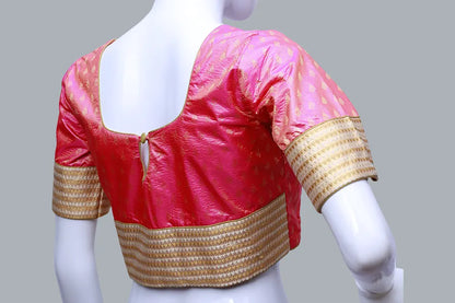 Pink Printed Back Keyhole Neck Pattu Blouse | Pink back Keyhole