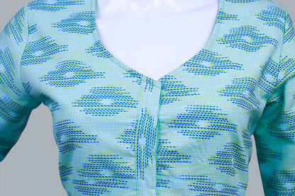 Light Blue Ikkat Round Neck with 3/4 Sleeves Blouse | Ikkat Round Neck