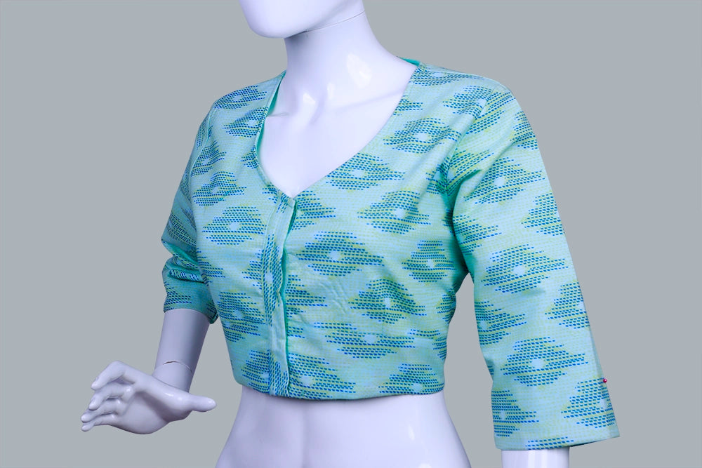 Light Blue Ikkat Round Neck with 3/4 Sleeves Blouse | Ikkat Round Neck