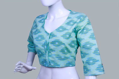 Light Blue Ikkat Round Neck with 3/4 Sleeves Blouse | Ikkat Round Neck
