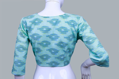 Light Blue Ikkat Round Neck with 3/4 Sleeves Blouse | Ikkat Round Neck